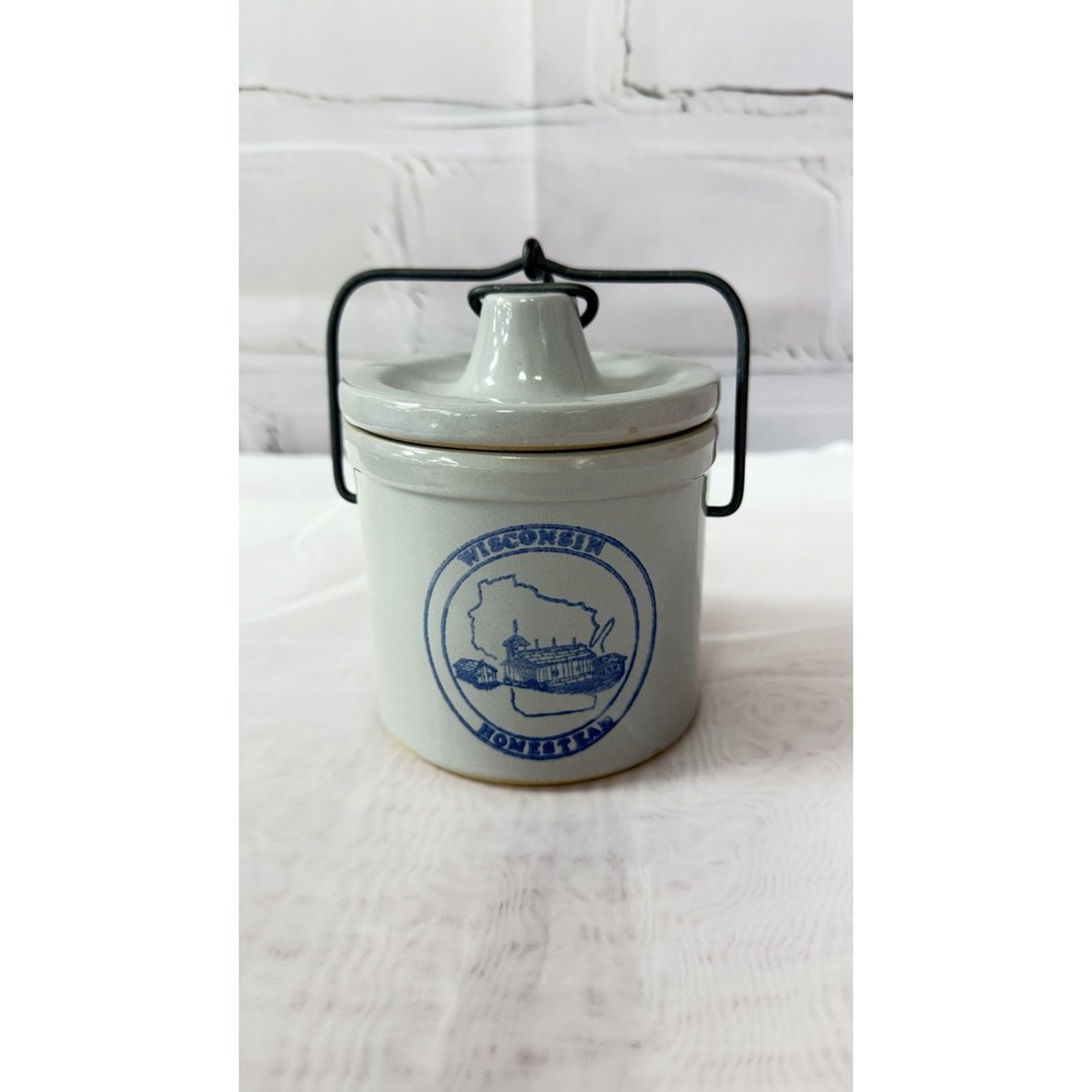 Wisconsin Homestead Lidded Cheese Butter Crock w/ Bale Wire Closure 5"